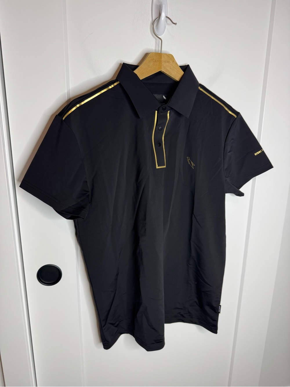 Stone Falcon Polo Collared Short Sleeve Shirt Black Gold Size Medium